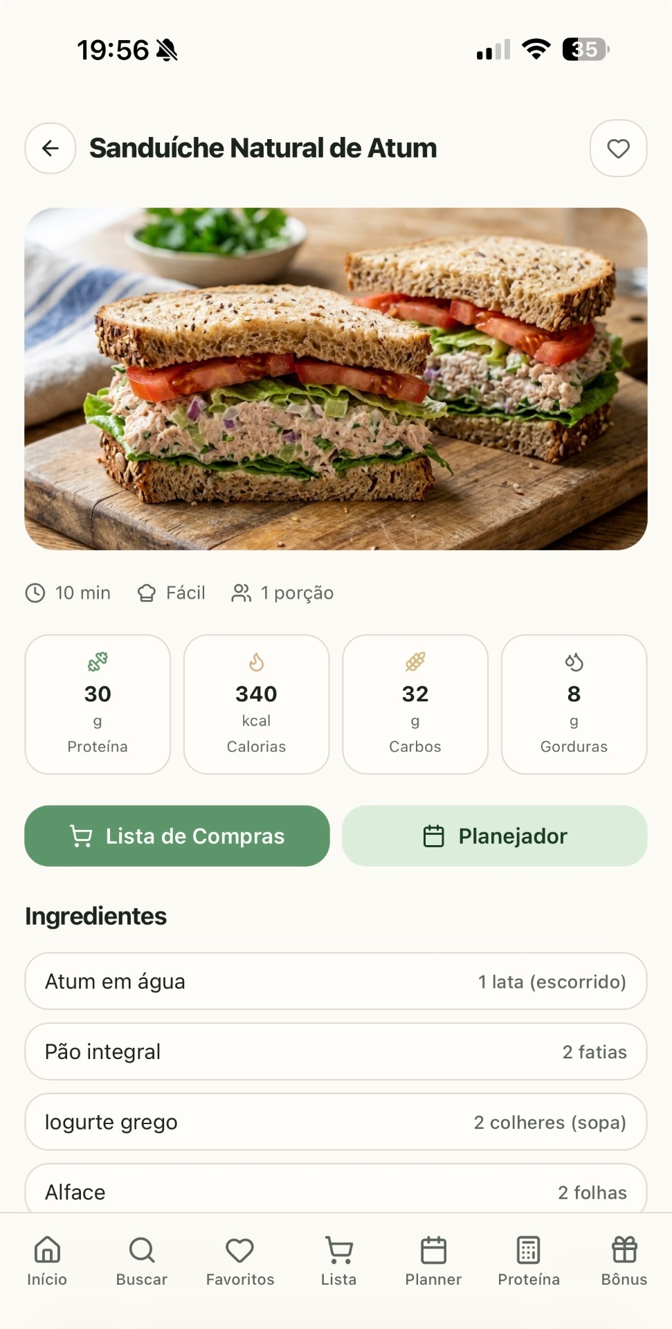 Tela do App PWA mostrando a receita Sanduíche Natural de Atum